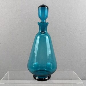 VTG Italian Empoli Teal Blue Glass Decanter Teardrop Stopper MCM Art Glass 11"